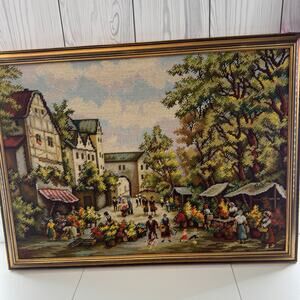 Vintage Cewel Embroidery Large Market Town Autumn Historical  28 x 20 Framed